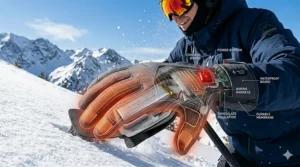 Technical illustration of carbon fiber heating elements extending to the fingertips of a winter glove.