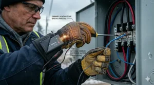 Illustration showing the internal carbon fiber heating elements of an insulated glove for cold weather electrical work.