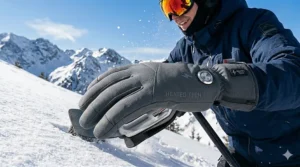 Close-up of a 3-level LED temperature control button on the back of a battery-powered glove.