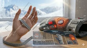 A sizing chart showing how to measure hand circumference for the best fit of battery-heated gloves.