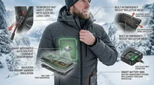 Illustration highlighting the built-in safety sensors and auto-shutoff features of a smart heated winter jacket.