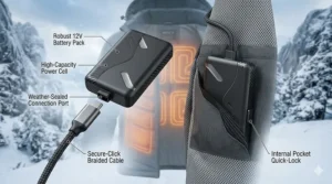 A diagram of a slim 12V battery pack connecting to a heated jacket for long-lasting warmth in sub-zero temperatures.