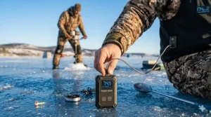 Slim 12V portable battery pack used to power a heated jacket for extended ice fishing trips.