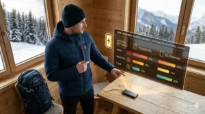 A 4K photorealistic photograph of a man pointing to an active estimated runtime guide chart for a USB powered heated jacket.