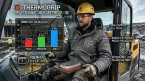 Infographic showing the estimated battery runtimes for a heated work jacket at various power levels.