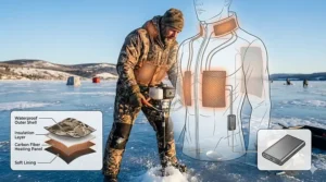 Illustration showing carbon fiber heating zones in the chest and back of an ice fishing jacket.