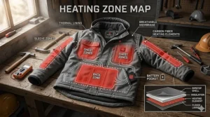 Illustration showing the internal heating elements and carbon fiber zones of a heated work jacket.