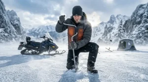 An illustration of a person ice fishing while wearing a heated jacket designed for extreme cold environments.