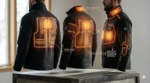Illustration showing the placement of carbon fiber heating elements in the chest and back of a heated jacket.