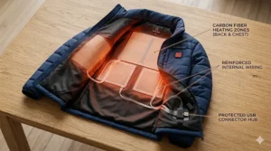 A 4K photorealistic diagram showing the internal carbon fiber heating zones of a USB powered heated jacket, revealing the heating pads on the chest and back.