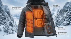 Illustration showing carbon fiber heating elements placed across the chest and back of a heated winter jacket.