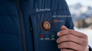 A 4K photorealistic close-up of an integrated LED temperature control button on a blue heated travel jacket, glowing red with an amber light.