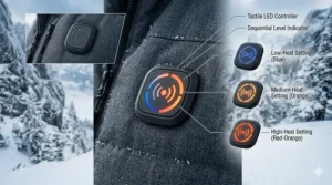 Close-up of the LED power button on a winter jacket showing low, medium, and high heat settings for extreme cold.
