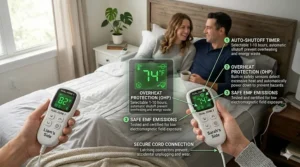 Diagram of safety sensors and auto-shutoff timer on a couple's heated mattress cover.