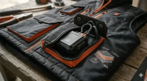 Detailed illustration of the secure, weather-protected battery compartment and 12V power pack for a construction heated vest.