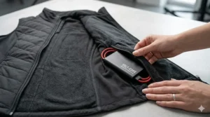 A photorealistic photograph showing a hand placing a slim power bank into a dedicated internal battery pocket of a black women's fitted heated vest.