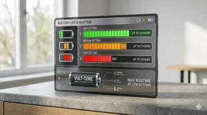 A technical infographic dashboard illustrating the battery runtime of a women's fitted heated vest for Low (10 hrs), Medium (7 hrs), and High (4 hrs) settings.