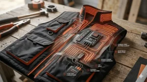 Technical illustration showing the internal carbon fiber heating zones and wiring of a heavy duty construction vest.