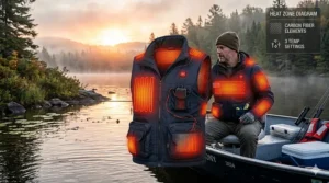 Illustration showing the internal carbon fiber heating zones of a men’s heated vest for fishing.