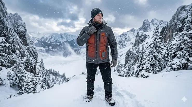 A person wearing a high-performance heated winter jacket in a heavy snowstorm to demonstrate warmth in extreme cold. heated winter jacket for extreme cold