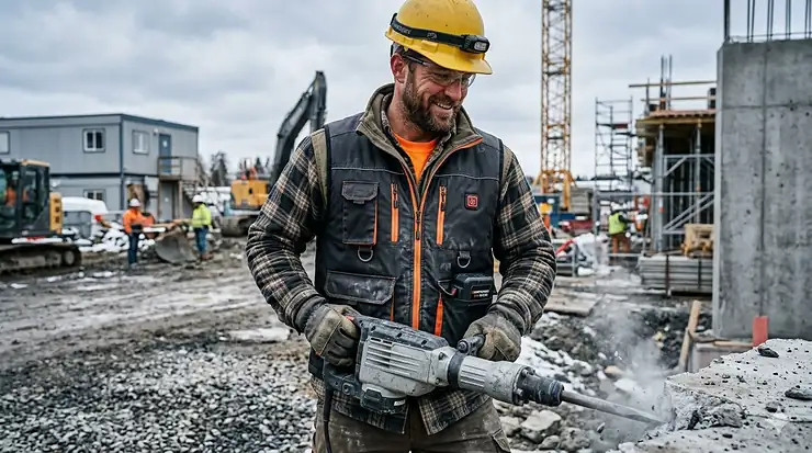 A construction worker wearing a rugged, heavy-duty heated work vest while operating machinery on a cold, active outdoor job site. heavy duty heated vest for construction