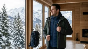 A 4K photorealistic photograph inside a mountain cabin showing a man wearing a dark blue heated travel jacket as a mid-layer under a waterproof shell.