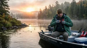 Illustration of a slim-fit heated vest worn as a mid-layer under a waterproof fishing jacket.