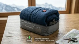 A 4K photorealistic close-up of a blue heated travel jacket, showing it folded ultra-compactly into a small packing cube for easy transport.