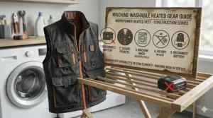 Step-by-step illustrated guide for machine washing and air drying a heavy duty heated construction vest.