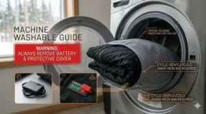 Graphic showing that the long battery life heated jacket is safe for machine washing after removing the battery.