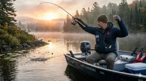 A fisherman performing a long cast to demonstrate the flexible fit of a lightweight heated vest.