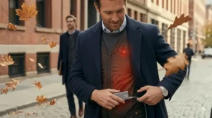A compact, slim power bank tucked into the hidden pocket of an ultra thin heated vest.