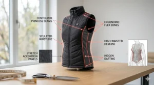 A photorealistic technical illustration featuring a black women's fitted heated vest, highlighting contoured princess seams and flexible accordion panels.