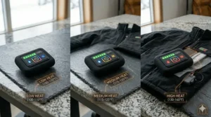 Close-up of the LED power button on a heated jacket showing three color-coded temperature settings.