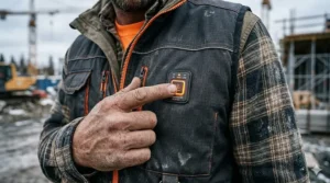Close-up of the LED temperature controller on a heavy duty work vest being operated by a worker in the field.