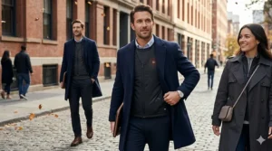 Side profile view of a businessman wearing an ultra thin heated vest for layering beneath a slim-fit suit jacket.