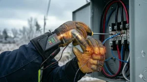 An electrician using a tablet on-site while wearing touchscreen-compatible heated work gloves.