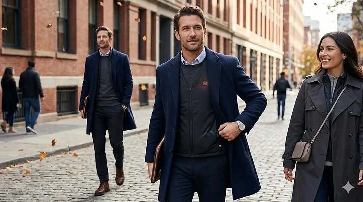 A person wearing a sleek, ultra thin heated vest for layering under a tailored wool coat in a winter city setting.