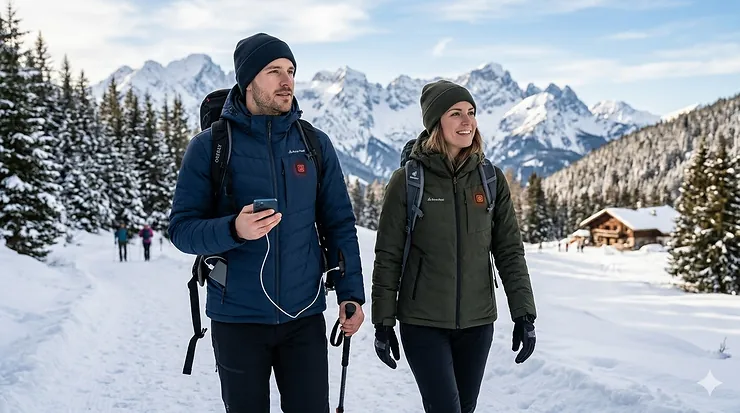 A photorealistic image of hikers wearing a USB powered heated jacket for travel in a snowy mountain landscape.