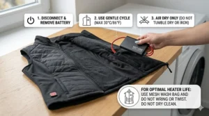A three-step cleaning guide illustration for a black women's fitted heated vest: remove battery, use a gentle 30°C cycle, and air dry only.