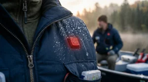 Water droplets beading on the surface of a water-resistant heated vest designed for damp fishing conditions.