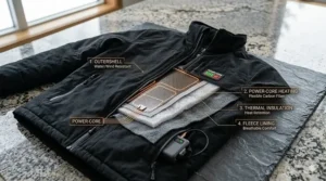 Diagram showing the waterproof outer shell and heat-retaining inner lining of a long battery life heated jacket.