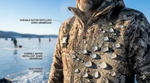 Close-up of water droplets beading on the durable, waterproof outer shell of a heated fishing parka.