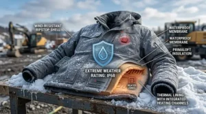 Cross-section diagram of the wind-resistant and waterproof outer shell of a heated construction jacket.