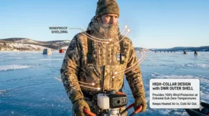 Illustration of a high-collar heated jacket design protecting a fisherman from harsh winter winds.