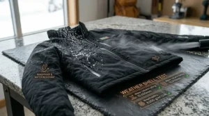 Illustration showing water droplets beading off the surface of a windproof heated jacket.