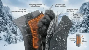 A cross-section illustration of the waterproof shell and thermal lining inside a heated winter jacket.