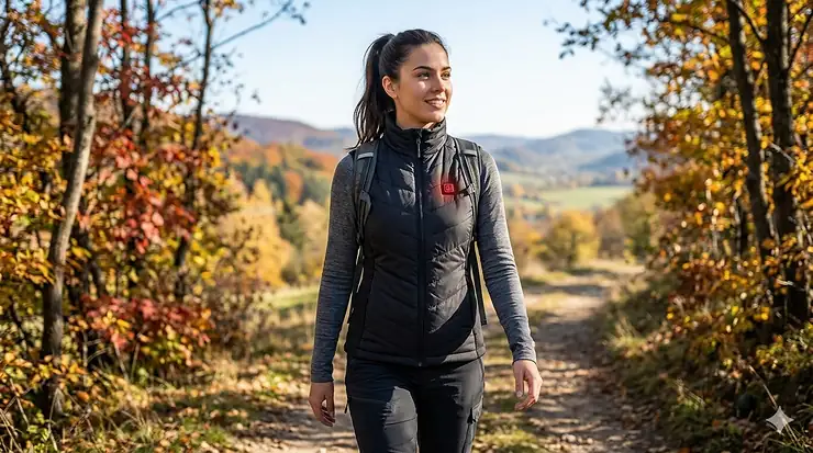 A woman wearing a sleek, black women's fitted heated vest while hiking in a scenic, tree-lined trail with active LED heat settings visible.