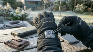 Close-up of the LED power button on a heated glove showing different color-coded temperature levels for personalized warmth.