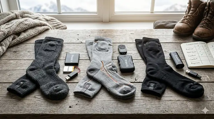A side-by-side comparison of three top-rated rechargeable battery heated socks with their respective battery packs and remote controls. rechargeable battery heated socks comparison